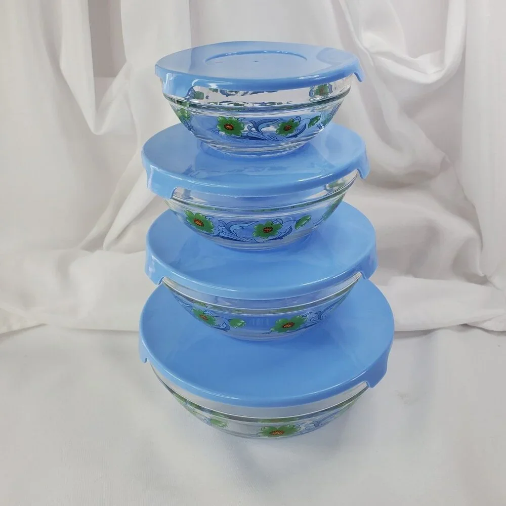 Vintage Imperial Glass Blue Green Flower Nesting Bowls Storage 1970's Set of 4 - Picture 3 of 14